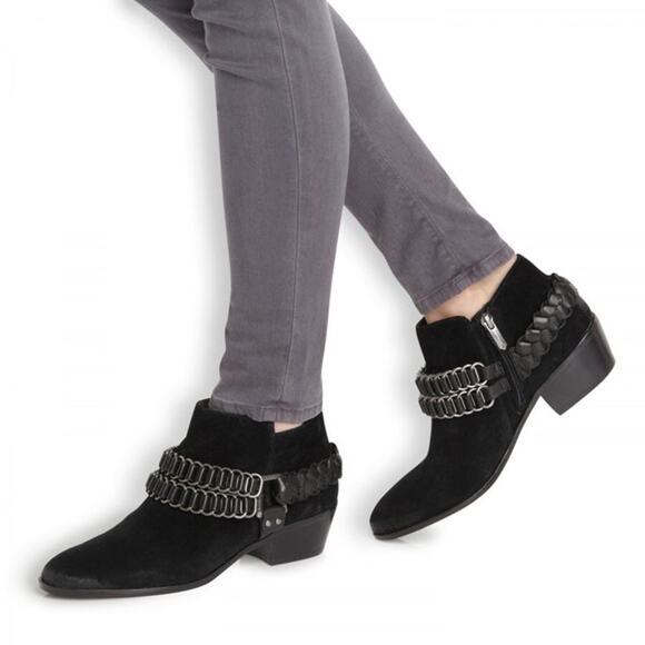 Sam Edelman Posey Suede Leather Ankle Booties Womens 9 M Metal Chain Black Boots - Picture 2 of 12